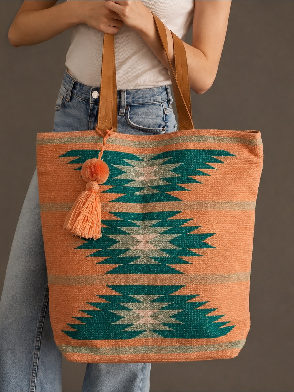 NWT Panache oversized Woven Southwestern Tote Bag in Coral and Teal - Picture 2 of 3